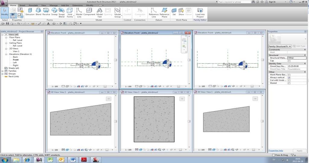 Bild 11. Stödmurarnas bottenplattor i elevation och 3 D vy 2.2.6 Räcke De räcken som används i projektet är en typ av standard- järnvägsräcken med nät.