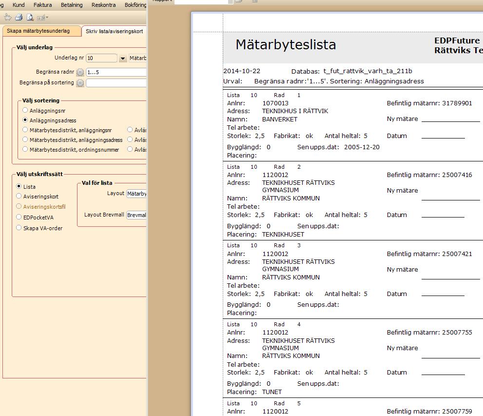 Mätarbyteslista är sorterad i