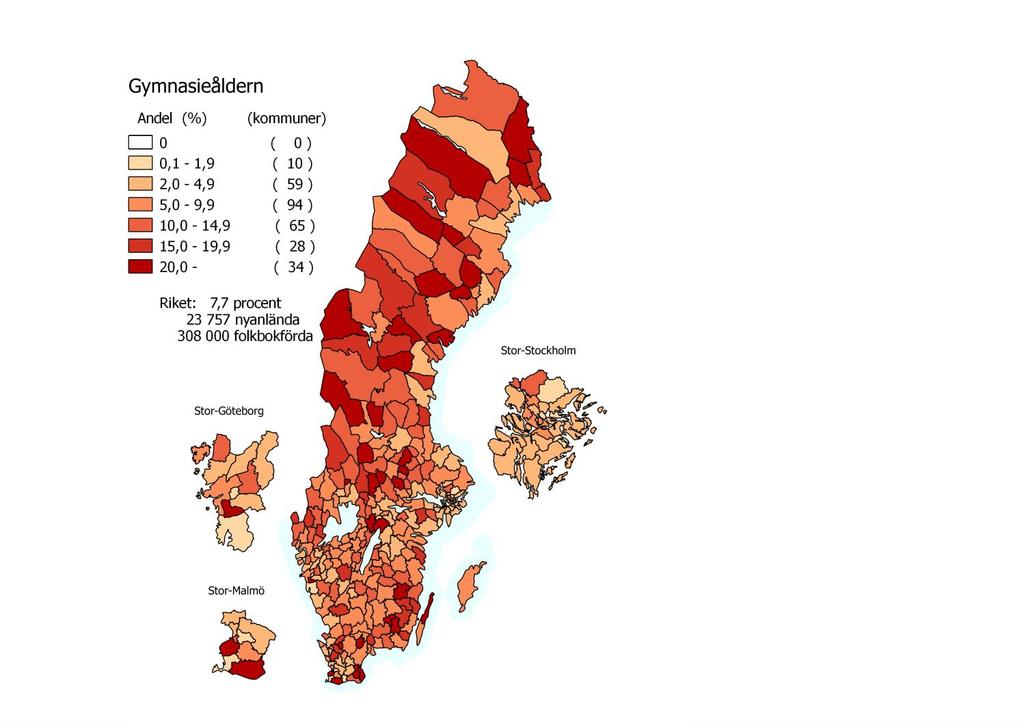 8 (21) Karta 6. Ungdomar 16 18 år (gymnasieskolan) I åldrarna 16 18 år har det kommit många nyanlända till Sverige under det senaste året.