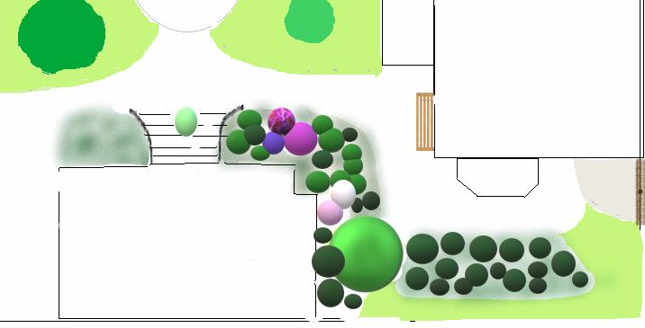 Växter -Kryptuja (Microbiota Decussata) som marktäckare (1) skarp slänt nedanför lgh C9 (2,3) Enstaka solitärer som inslag i kryptujan i slänten mot parkeringen.
