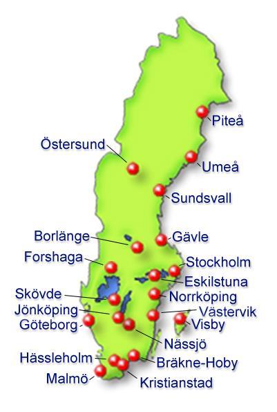 Figur.1 Stationsnätet 2018 3.2. Mätperiod för stationerna Säsongens pollenmätningar startar normalt i samband med blomningsstarten hos klibbal i södra Sverige, vanligen kring månadsskiftet februari/mars.