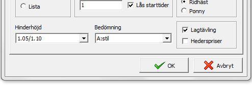 Anmälningsavgiften anges här m den inte redan är inhämtad via en lista i TDB. Premier till lagen anges ckså här.