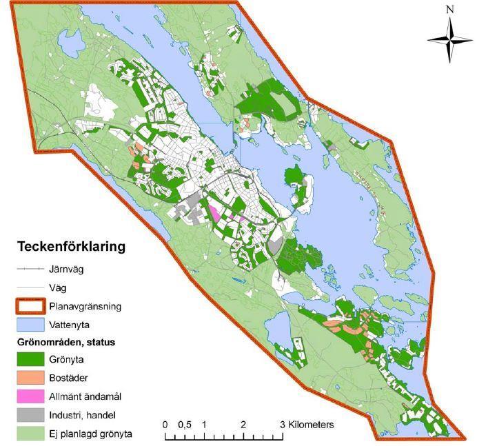 Figur 6. Grönytor och status i planering i Västerviks tätort. Från Grön- och Blåstrukturplan, 2004 Praktisk utformning av öppna lösningar skiljer sig åt i olika delar av tätorterna.