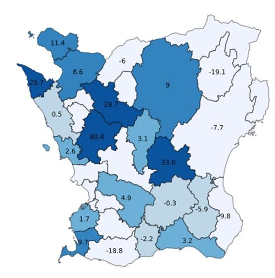 6 Positiv utveckling i 15 av Skånes kommuner Bland Skånes kommuner har 15 st en positiv gästnattsutveckling under perioden jan-sep 2018, åtta kommuner backar i antal gästnätter och bortfallet