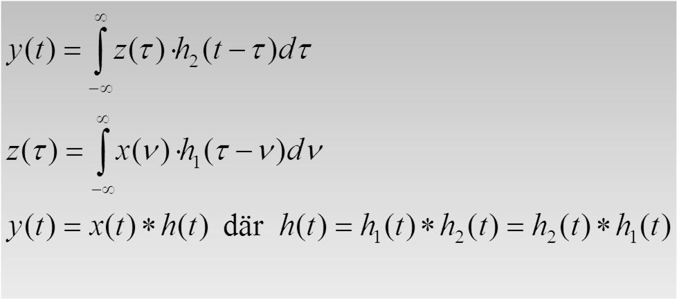 EXEMPEL, PARALLELLKOPPLING AV TIDSDISKRETA SYSTEM x=[ ]; h=[.5 ]; h=h+h y=conv(x,h) alt. h= [.5 ] y=conv(x,h); y=conv(x,h); y=y+y stem(y) alt.