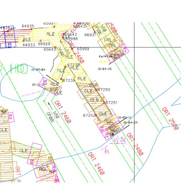 Figur 90 Karterad geologi för ort 2460 samt ort 2480 Den senast karterade salvan indikerade att berget bestod av röd leptit, grå leptit samt biotit. GSI hade karterats till 20.