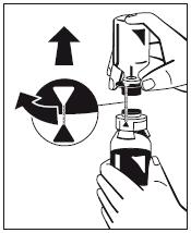 Tryck Octajets blå plastkanyl hårt genom gummiproppen på flaskan med vatten för injektionsvätskor. (fig. 2) Fig. 2 6. Ta bort distansringen (fig.