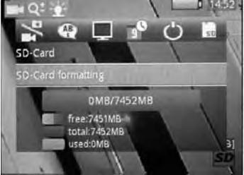Formatera SD-kort 1. Kontrollera om ett SD-kort finns i SD-kortöppningen (23). Lägg vid behov i det SD-kort som ska formateras. 2. Tryck på Meny-knappen (14). 3.