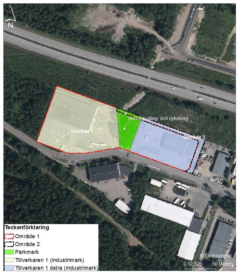 Figur 3-1. Nuvarande markanvändning inom planområdet. Den västra fastighetsdelen visas av beige polygon, parkmark visas med grön polygon och den östra fastighetsdelen visas med blå polygon.