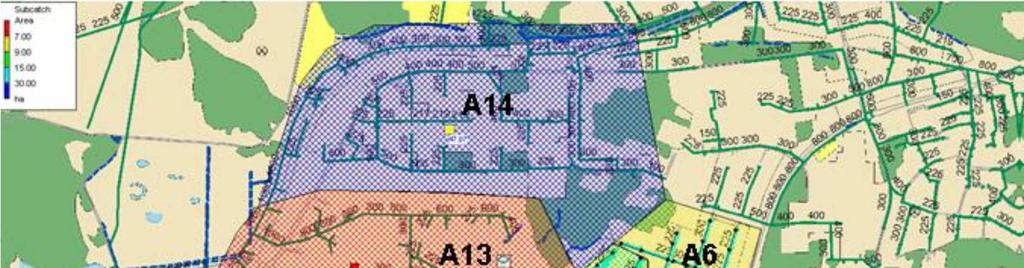 Figur 3-6. Dagvattensystemets uträckning, samt vilka områden som är anslutna. Planområdet ingår i område A3 i dagvattensystemet.
