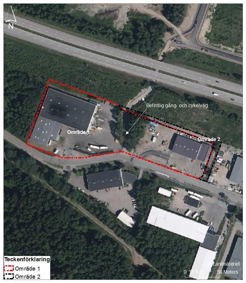 Figur 1-2. Områdesindelning för planområdet. Område 1 avgränsas av rödstreckad polygon och område 2 avgränsas av svartstreckad polygon.