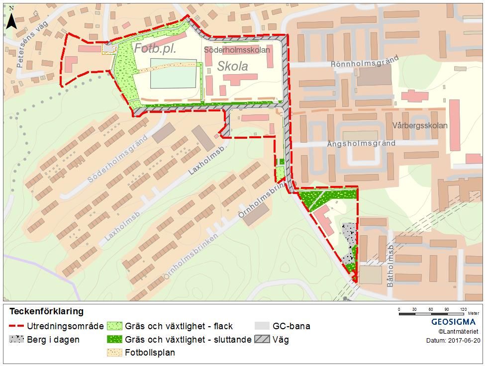 Figur 3-3. Befintlig markanvändning för framtida allmän platsmark inom utredningsområdet, uppdelat efter markanvändning. 3.2 