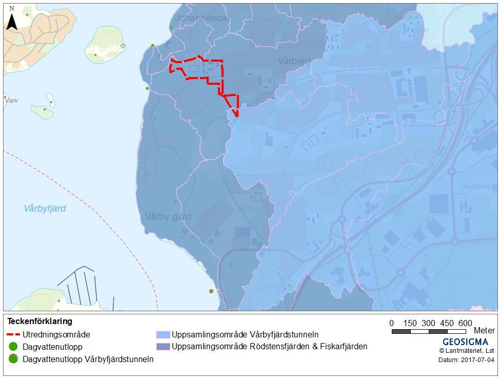 Vårbyfjärdstunneln. Denna tunnel mynnar som kan ses i figuren nedan även den till Mälaren (Rödstensfjärden) varpå recipienten för hela utredningsområdet, som kan ses i avsnitt 3.