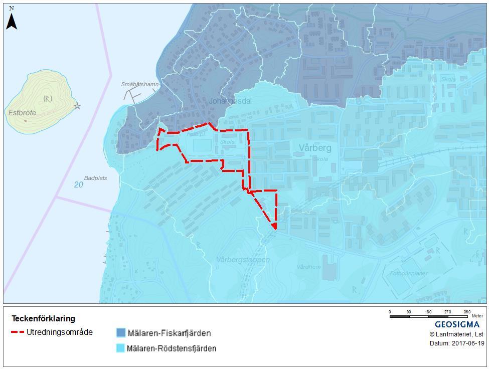Figur 3-8. Utredningsområdet ligger inom avrinningsområdet för Mälaren-Rödstensfjärden, och mycket nära gränsen till avrinningsområdet för Mälaren-Fiskarfjärden. 3.3.1 Miljökvalitetsnormer (MKN) Både recipienten Mälaren-Fiskarfjärden (EU_CD: SE657865-161900 i VISS) och Mälaren- Rödstensfjärden (EU_CD: SE657330-161320 i VISS) har god ekologisk status.