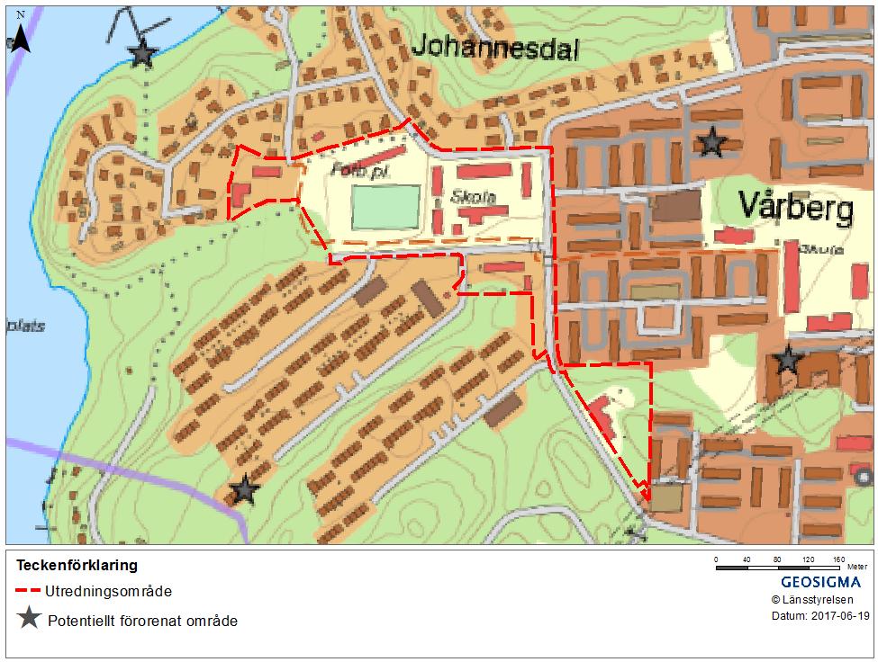 Figur 3-9. Av Länsstyrelsen utpekade potentiellt förorenade områden. De grå stjärnorna är oklassade platser. 3.5 Östra Mälarens vattenskyddsområde Planområdet ligger inom sekundär skyddszon för Östra Mälarens vattenskyddsområde.