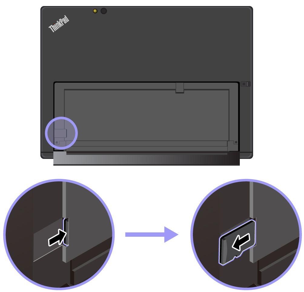 要取出 MicroSD 卡, 请执行以下操作 : 1. 翻转打开支架以便找到 MicroSD 卡插槽 2. 向内推动 MicroSD 卡少许, 直至听到咔嗒一声 MicroSD 卡随即弹出 3.