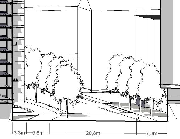 Figur 4 Föreslagen profilbild vid full utbyggnad av Sundsta torg enligt planen.