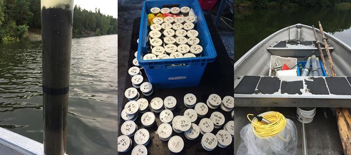 och 32-34 cm analyserades med avseende på vattenhalt, glödgningsförlust och sedimentens totalfosforhalt i alla kärnor.