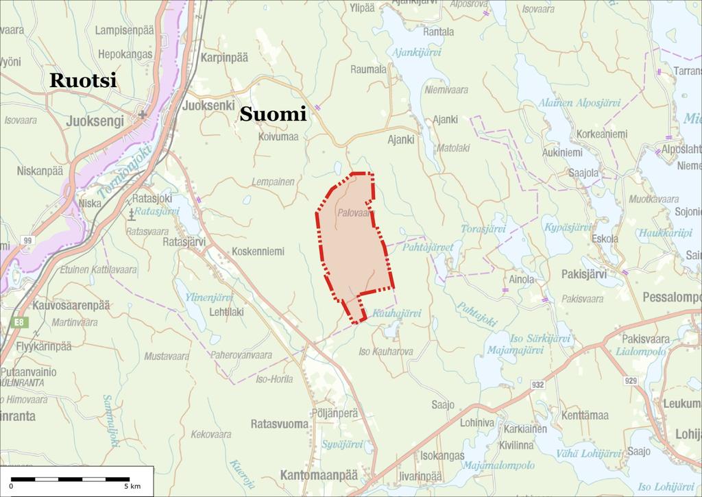 Bild 1. Preliminära generalplaneområden för Palovaara vindkraftspark visas med rött.