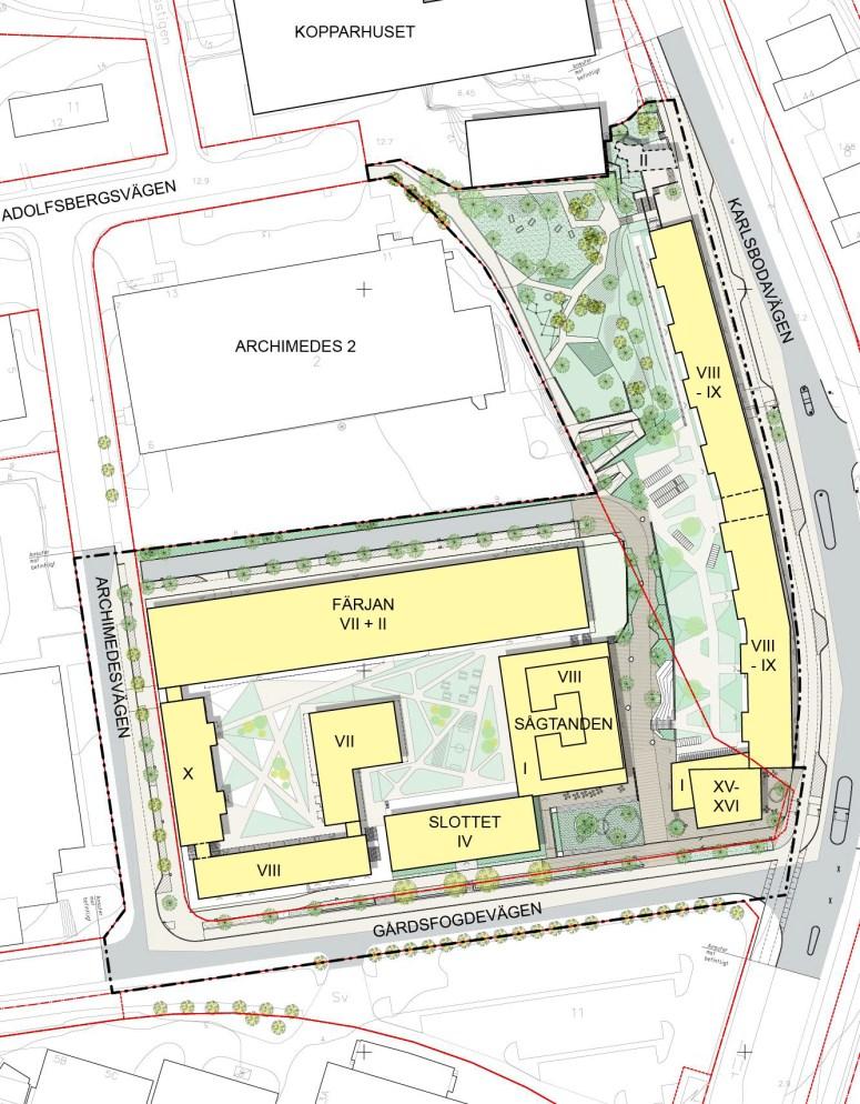 Sida 6 (13) Situationsplan ny bebyggelse och allmän plats Gula villan I den östra delen av planområdet, där Stockholmshem planerar bygga ca 160 stycken hyreslägenheter, finns den s k Gula villan.