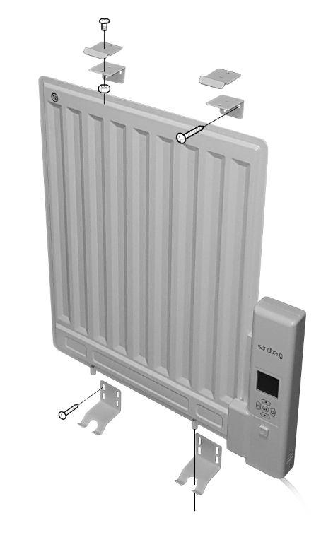 Om radiatorn ska monteras på vägg av cement eller lättbetong, förborra och plugga med de medföljande pluggarna (B). 1. Skruva fast de nedre beslagen på väggen med två skruvar (A) vardera.