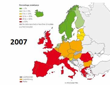 Andel MRSA av Staphylococcus aureus i blododlingar 2007 Det går att bryta