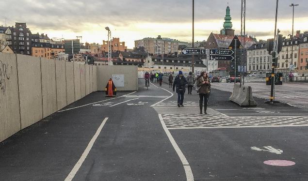 Figur 40. Gång- och cykelbanorna vid Slussen där halkolyckor bland fotgängare och cyklister rapporterats under höst och vinter de senaste åren.