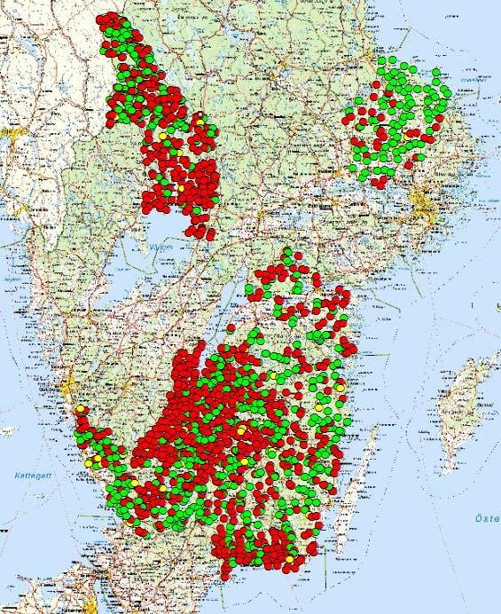UTVÄRDERING AV DET GEMENSAMMA DELPROGRAMMET MILJÖÖVERVAKNING AV UTTER 2009-2014 Figur 3. Förekomst av utter (grön markering) i sydligare länen i delprogrammet.