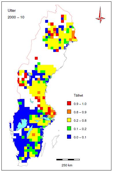 UTVÄRDERING AV DET GEMENSAMMA DELPROGRAMMET MILJÖÖVERVAKNING AV UTTER 2009-2014 Figur 3 visar en karta med uppskattade tätheter från inventeringar som utförts mellan 2000-2010.