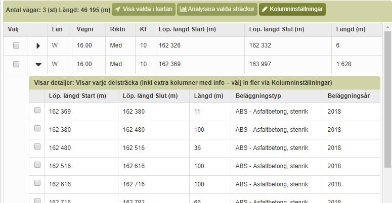 Vill man se flera informationskolumner per rad i undertabellen lägger man till det via knappen kolumninställningar. 6.3.