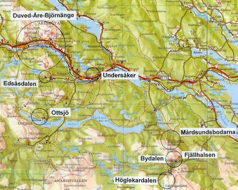 Figur 1. Undersökningsområden för översiktlig kartering av stabiliteten i Åre kommun. Skala 1:400 000.