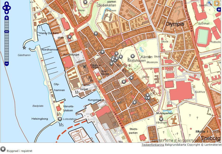 Skånekarta med Helsingborgs kommun markerad Konserthuset Jacob Hansens hus Kärnan Rådhuset S:ta Maria kyrka Lotsstationen Helsingborgs Rådhus, markerat med gul prick, ligger i den centrala delen av