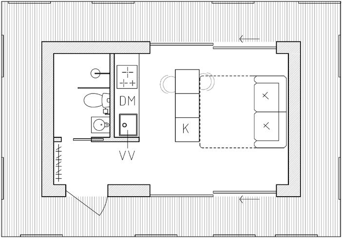 Arkitektritade hus som kan växa med dig ATTEFALLSHUS: H25 845 CM 645 CM HALL 150 x 100 cm TOALETT 140 x 200 cm 387 CM 587 CM KÖK OCH VARDAGSRUM 434 x 330 cm Designen är framtagen av oss arkitekter