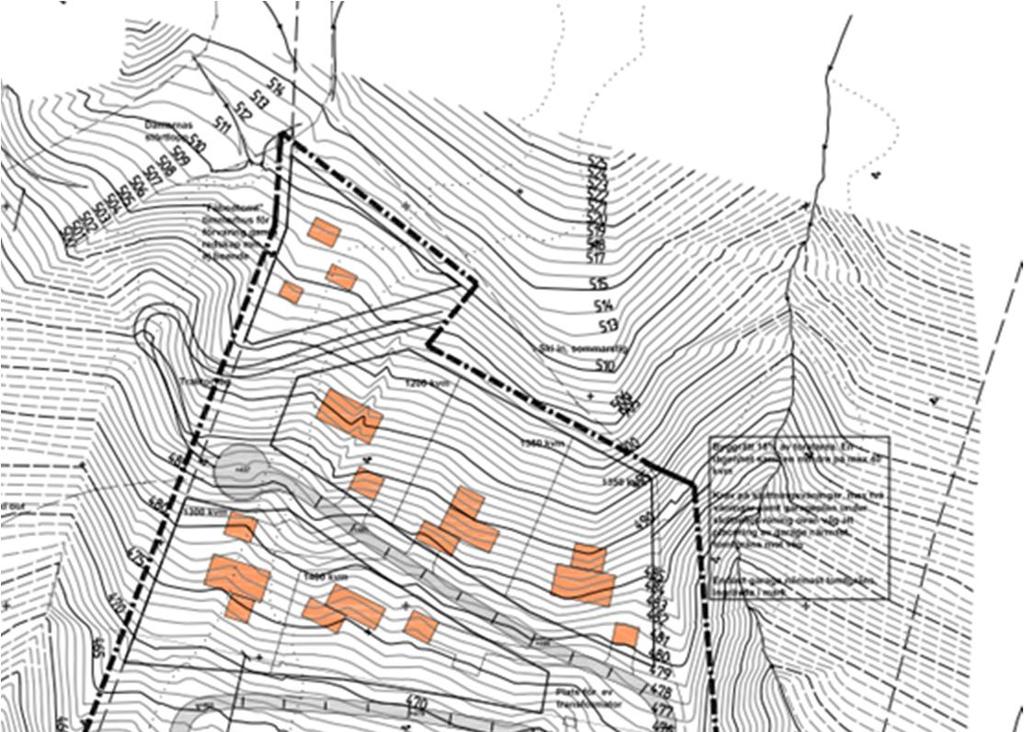 4 Illustrationskarta över detaljplaneområdet upprättad av Ulf Alexandersson Arkitektkontor AB 2011-11-10 Mark och grundförhållanden Det tilltänkta övre området norr om kraftledningen utgörs av en