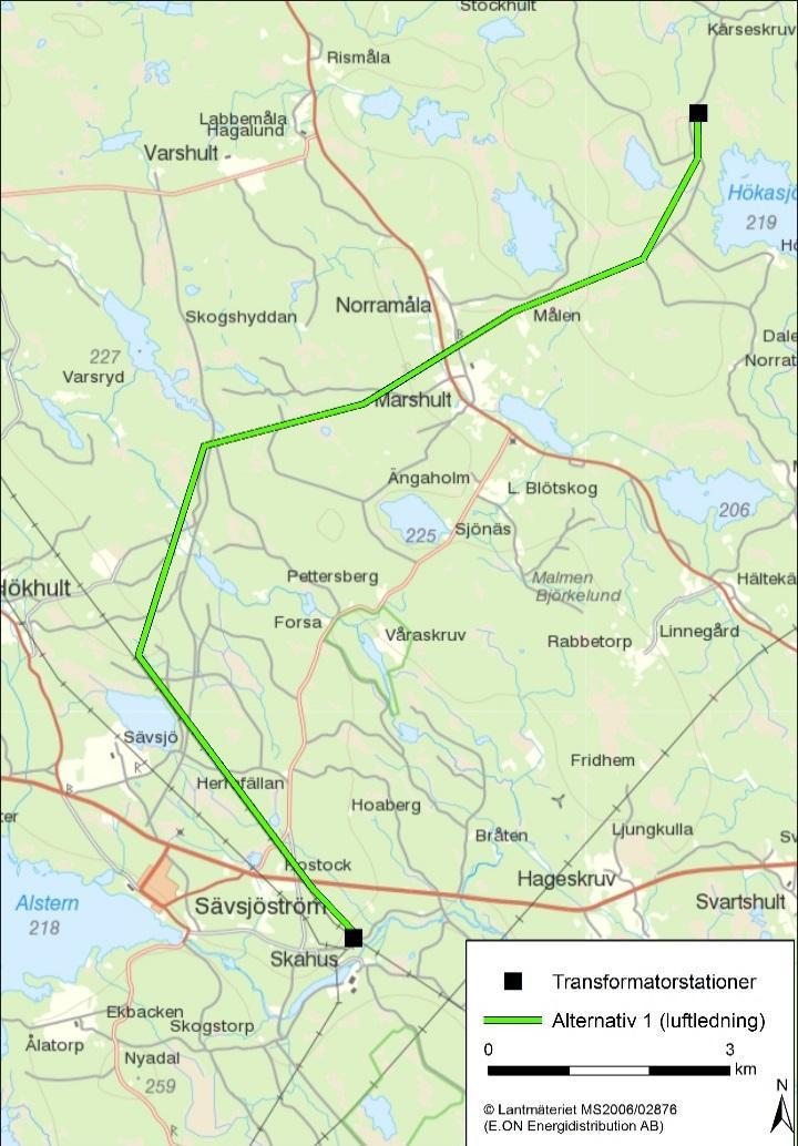 Aktuella sträckningsförslag Fyra alternativa sträckningar har tagits fram för den aktuella sträckan mellan Sävsjöström och Berg, tre luftledningsalternativ och ett kabelalternativ. 3.1.