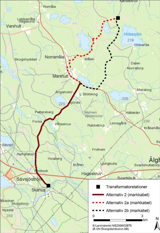 Alternativ 2A viker av mot nordväst och följer väg 964 under ca 1,3 km. Därefter viker förslaget av österut och genom Norramåla längs med befintliga grusvägar.