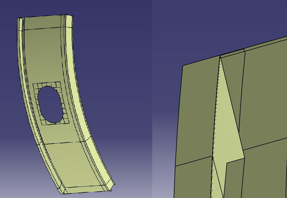 Figure 8 Left: the CATIA-model subdivided into parts in order to make the meshing fit.