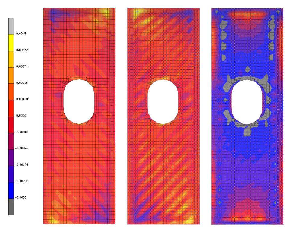 3.1.2 Strains Some of the layers had strains exceeding both the inner and outer limits, Figure 15 shows the 11-, 22- and 12- direction strain in layer 13 (last layer of the skin).