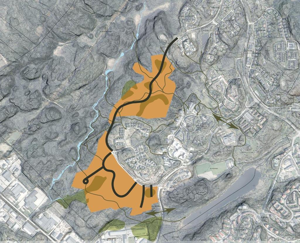 Förutsättningar Översiktlig markdisposition Figuren nedan visar ungefär vilka områden i Hestra som skulle kunna bebyggas med 800 bostäder.