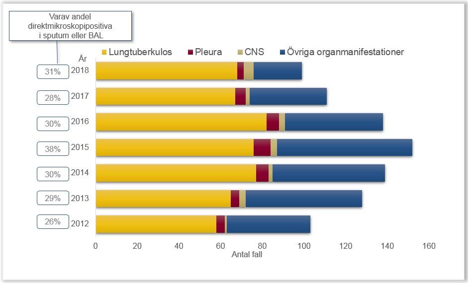 Tuberkulos i lungorna anmäldes i 69 % av fallen, varav 31 % var positiva i direktmikroskopi (ett fall endast i BAL). Således var 22 % av samtliga tuberkulosfall direktpositiva i luftvägsprov.