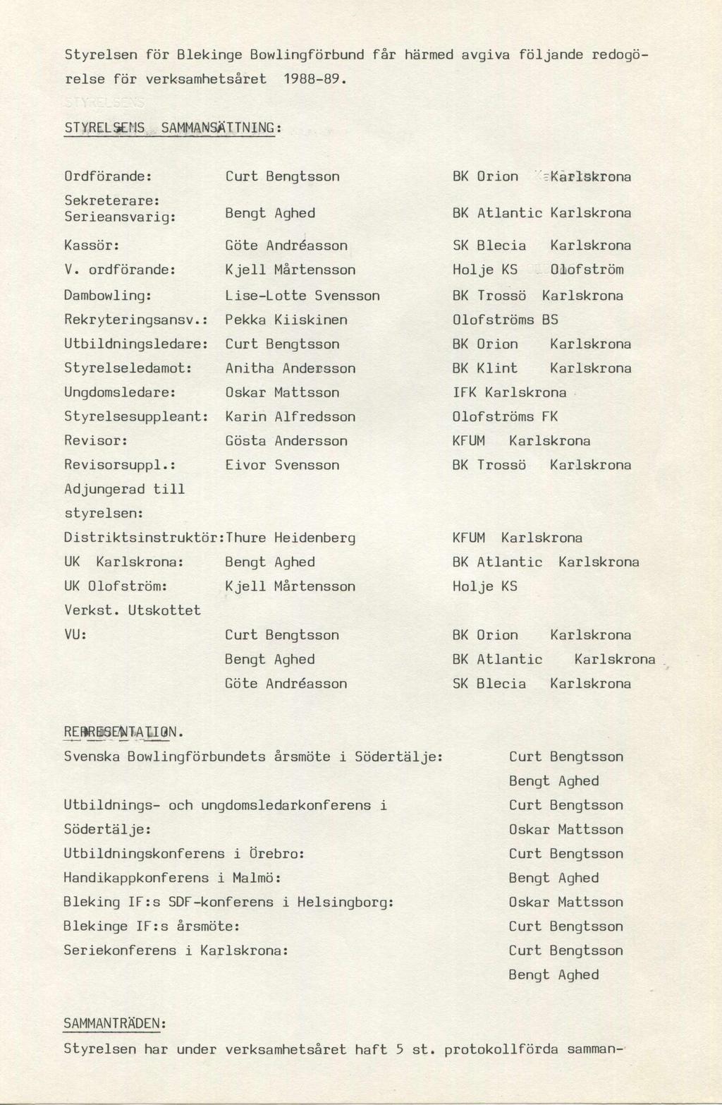 Styrelsen för Blekinge Bowlingförbund får härmed avgiva följande redogörelse för verksamhetsåret 1988-89.