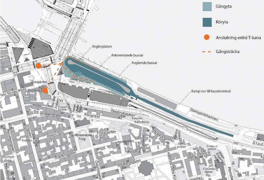 Figur 9 Principskiss av hur alternativet kan komma att ansluta till Slussens tunnelbanestation.