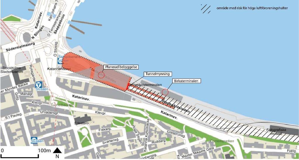 Figur 23 Område med risk för höga luftföroreningar (streckat).