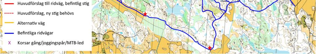 Karta 1 visar ett huvudförslag på hur ridvägen till och från Tinnerö ska dras.