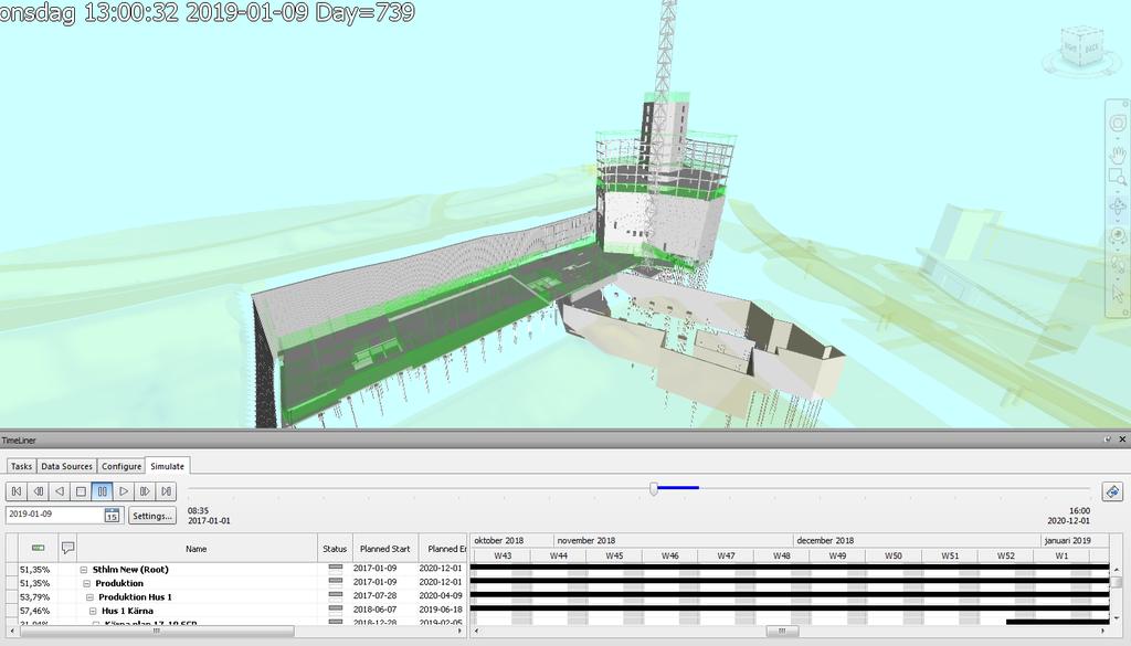 Figur 11 - Användning av 4D-simulering för att förstå produktionstidplanen och produktionsframdriften genom att visualisera ordningsföljden av aktiviteter och moment.