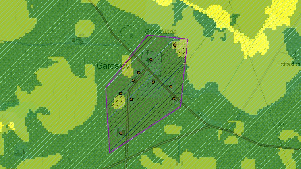 4.1.5 Gärdslöv Verksamhetsområde vatten Figur 8 t Gärdslöv i GIS-stödet med risk för påverkan vatten inom DARO (P11) Gärdslöv består av 15 bebyggda fastigheter med varierande tomtstorlekar som sedan