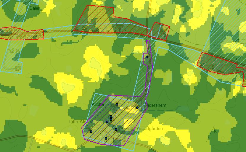 4.1.7 Lilla Alstad Verksamhetsområde spillvatten Verksamhetsområde vatten Figur 10 t Lilla Alstad i GIS-stödet med risk för påverkan vatten inom DARO (P11) Lilla Alstad består av nio bebyggda