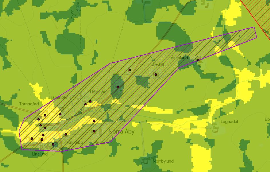 4.1.10 Norra Åby Verksamhetsområde spillvatten Figur 13 t norra Åby i GIS-stödet med risk för påverkan vatten inom DARO (P11) Norra Åby består av 18 bebyggda fastigheter med varierande tomtstorlekar.