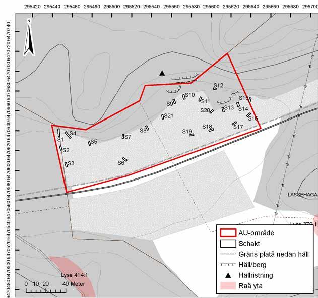 Skålgropar, keramik och boplatslämningar i Lassehaga 9 Figur 4. Plankarta över utredningsområde och grävda schakt. Skala 1:2 000. Godkänd ur sekretessynpunkt för spridning. Lantmäteriet 2012-05-22.