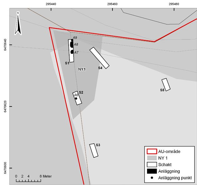 10 Bohusläns museum Rapport 2012:22 Figur 5. Plankarta NY 1 med grävda schakt och påträffade anläggningar. Skala 1:400. Godkänd ur sekretessynpunkt för spridning. Lantmäteriet 2012-05-22.